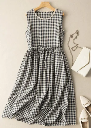 Fitted Black White Plaid O-Neck Patchwork Tie Waist Maxi Dress Summer LY4445