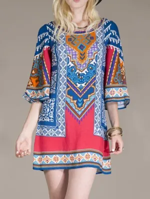 Flared Sleeves Round-neck Bohemia Mini Dresses