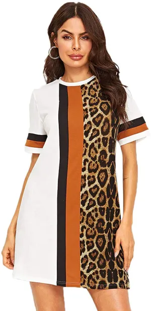 Floerns Women's Short Sleeve Color Block Leopard Print Tunic Dress