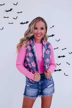 Floral Flair Sherpa Vest - Pink