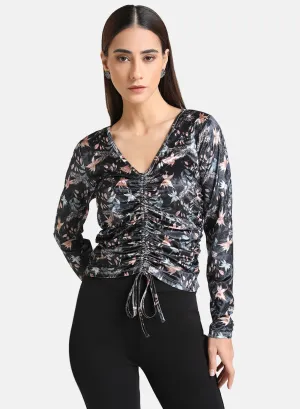 Floral Printed Velvet Ruched Top