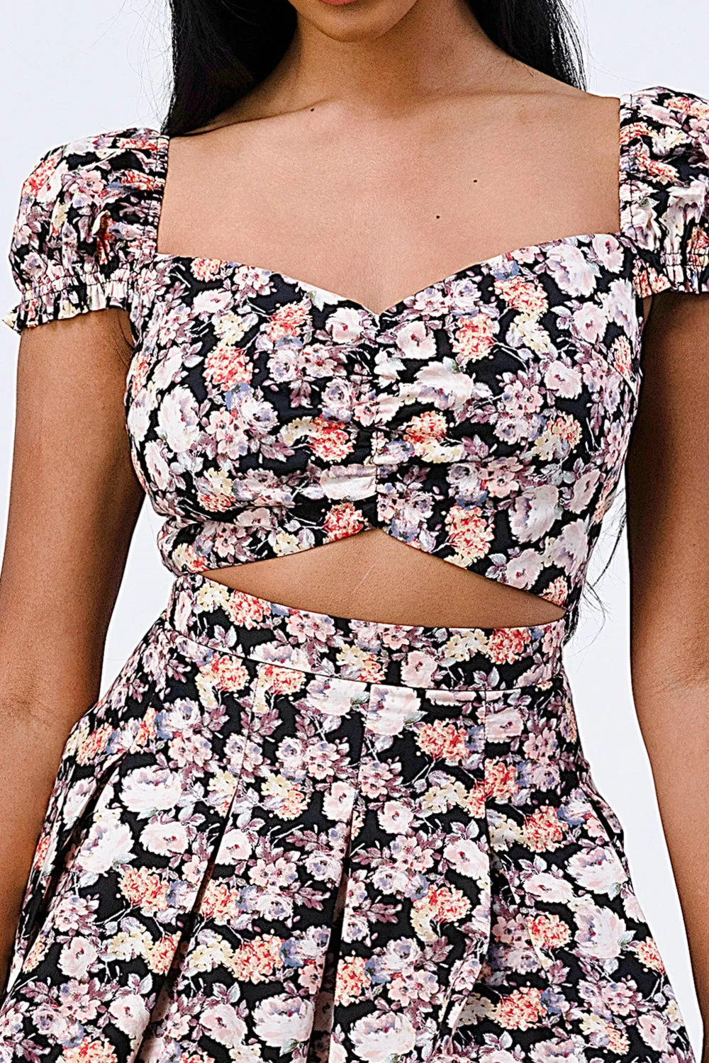 FLORAL SWEETHEART CROP TOP AND FLARED SKIRT SET