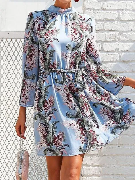 Flower Printed Long Sleeve Backless Belted Mini Dress