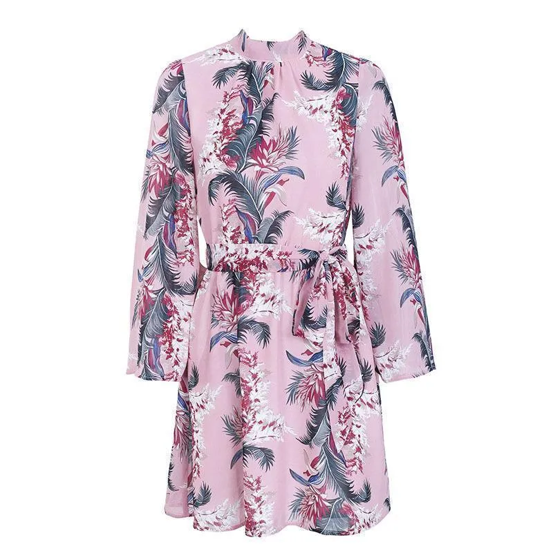 Flower Printed Long Sleeve Backless Belted Mini Dress