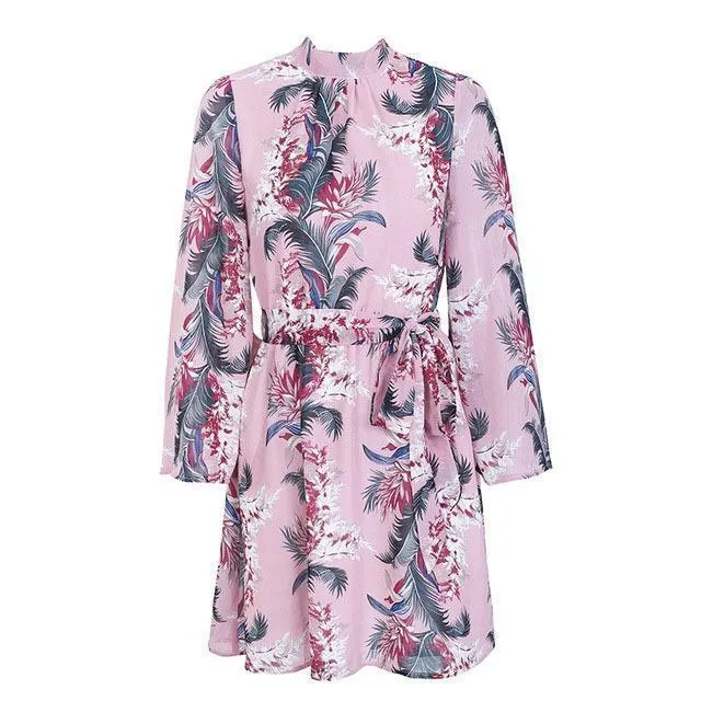 Flower Printed Long Sleeve Backless Belted Mini Dress
