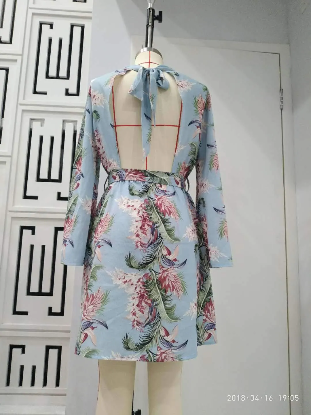 Flower Printed Long Sleeve Backless Belted Mini Dress