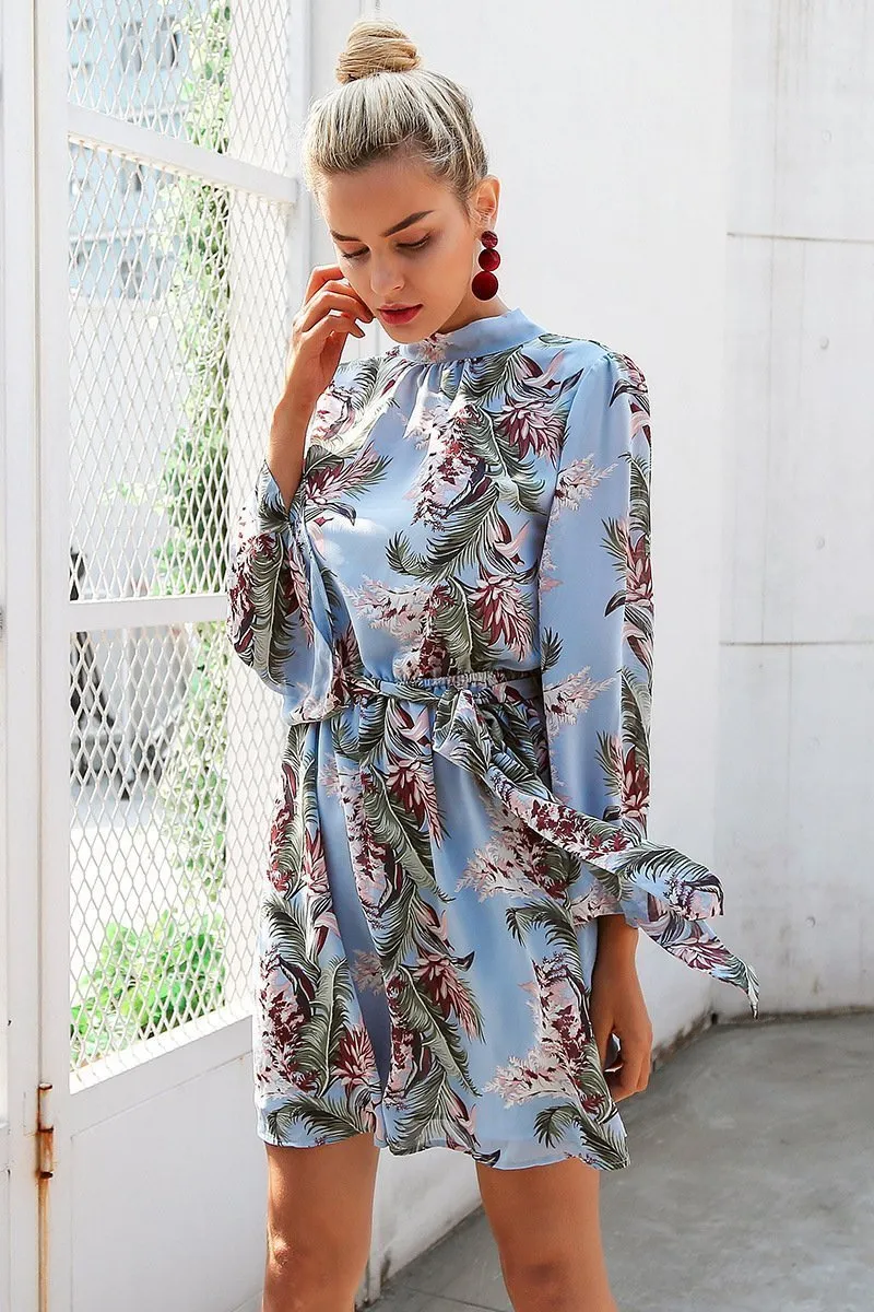 Flower Printed Long Sleeve Backless Belted Mini Dress