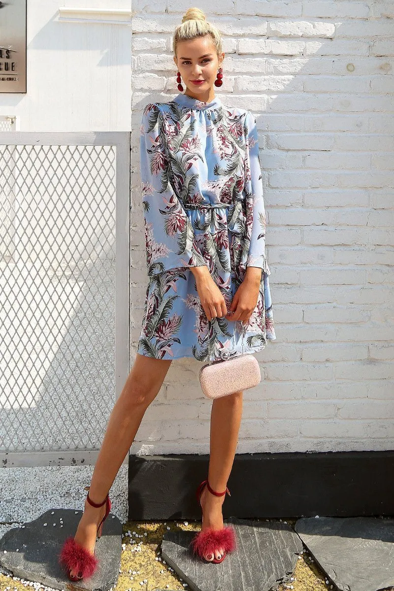 Flower Printed Long Sleeve Backless Belted Mini Dress