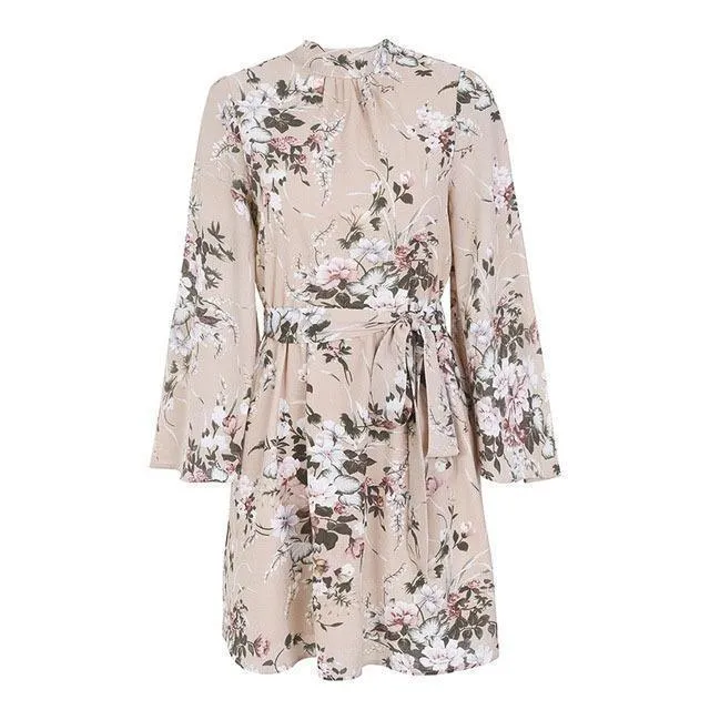 Flower Printed Long Sleeve Backless Belted Mini Dress