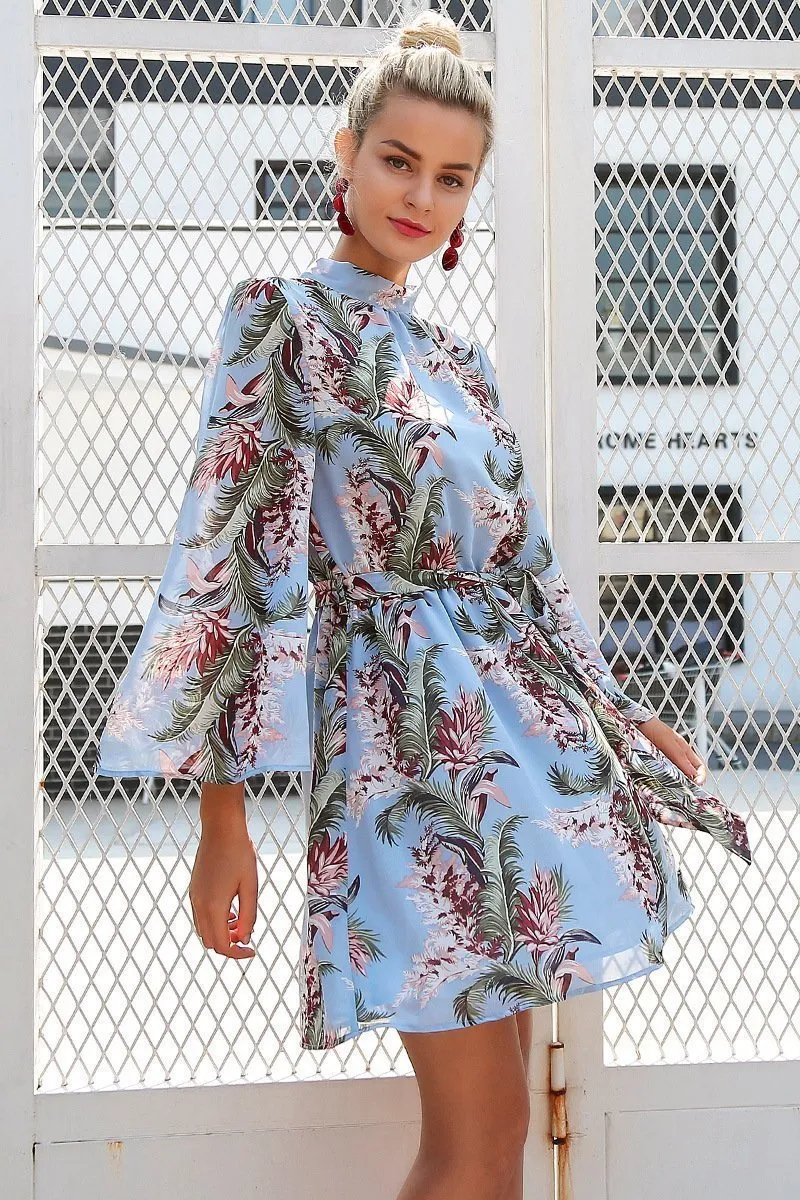 Flower Printed Long Sleeve Backless Belted Mini Dress