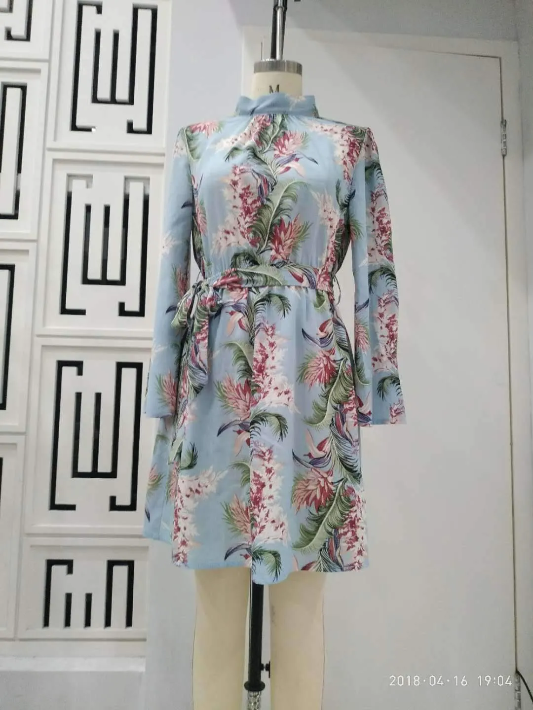 Flower Printed Long Sleeve Backless Belted Mini Dress