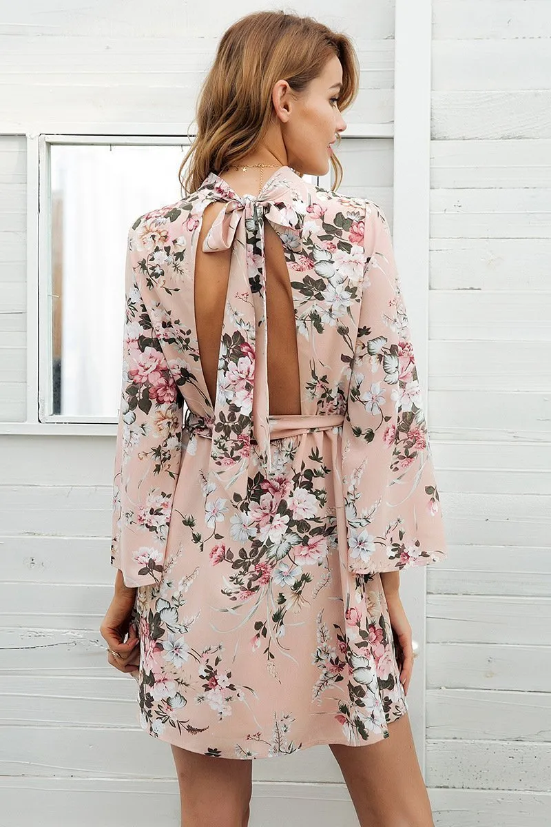 Flower Printed Long Sleeve Backless Belted Mini Dress