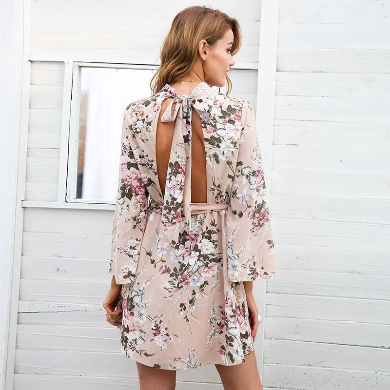 Flower Printed Long Sleeve Backless Belted Mini Dress