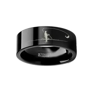 Fly Fishing Fishermen Print Engraved Black Tungsten Wedding Band for Men and Women - 4MM - 12MM