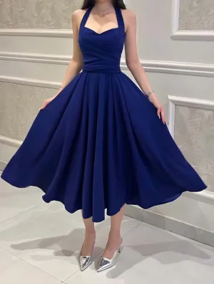 Flytonn- Blue Halter Neck Flare Dress