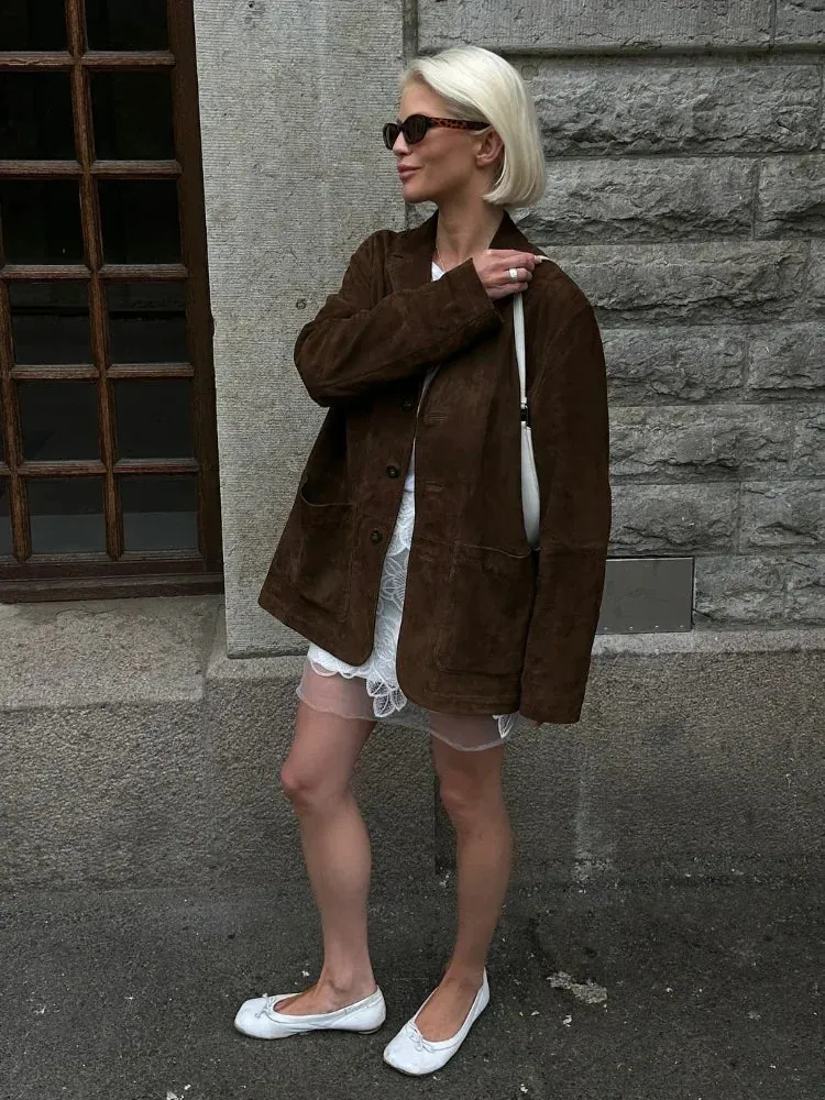 Flytonn-Fashion Suede Lapel With Pocket Jacket Woman Casual Single Breasted Long Sleeve Coat 2024 Lady Autumn Warm High Street Outwear