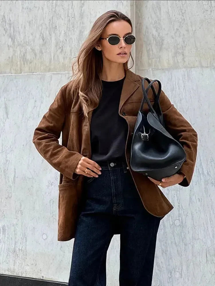 Flytonn-Fashion Suede Lapel With Pocket Jacket Woman Casual Single Breasted Long Sleeve Coat 2024 Lady Autumn Warm High Street Outwear