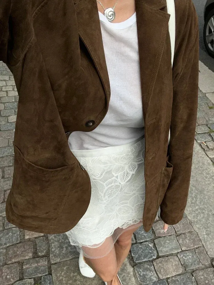 Flytonn-Fashion Suede Lapel With Pocket Jacket Woman Casual Single Breasted Long Sleeve Coat 2024 Lady Autumn Warm High Street Outwear