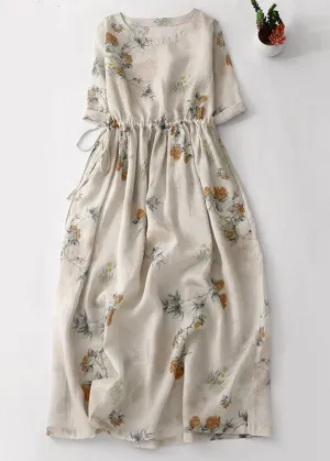 FLYTONN- New O Neck Lace Up Print Cotton Dresses Summer GG048