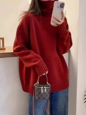 Flytonn-Red turtleneck 100 pure cashmere sweater for women Autumnwinter loose European thickened New Year red rolled hem sweater