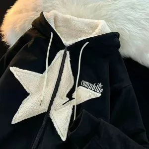 Flytonn- Streetwear y2k 90s Fashion Patch five-star cashmere thickened jacket womens 2022 new loose casual casual casual ins fashion jacket winter clothes women y2k