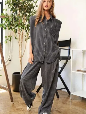 Following Your Own Path Stripe Button Down Shirt   Long Pants Set