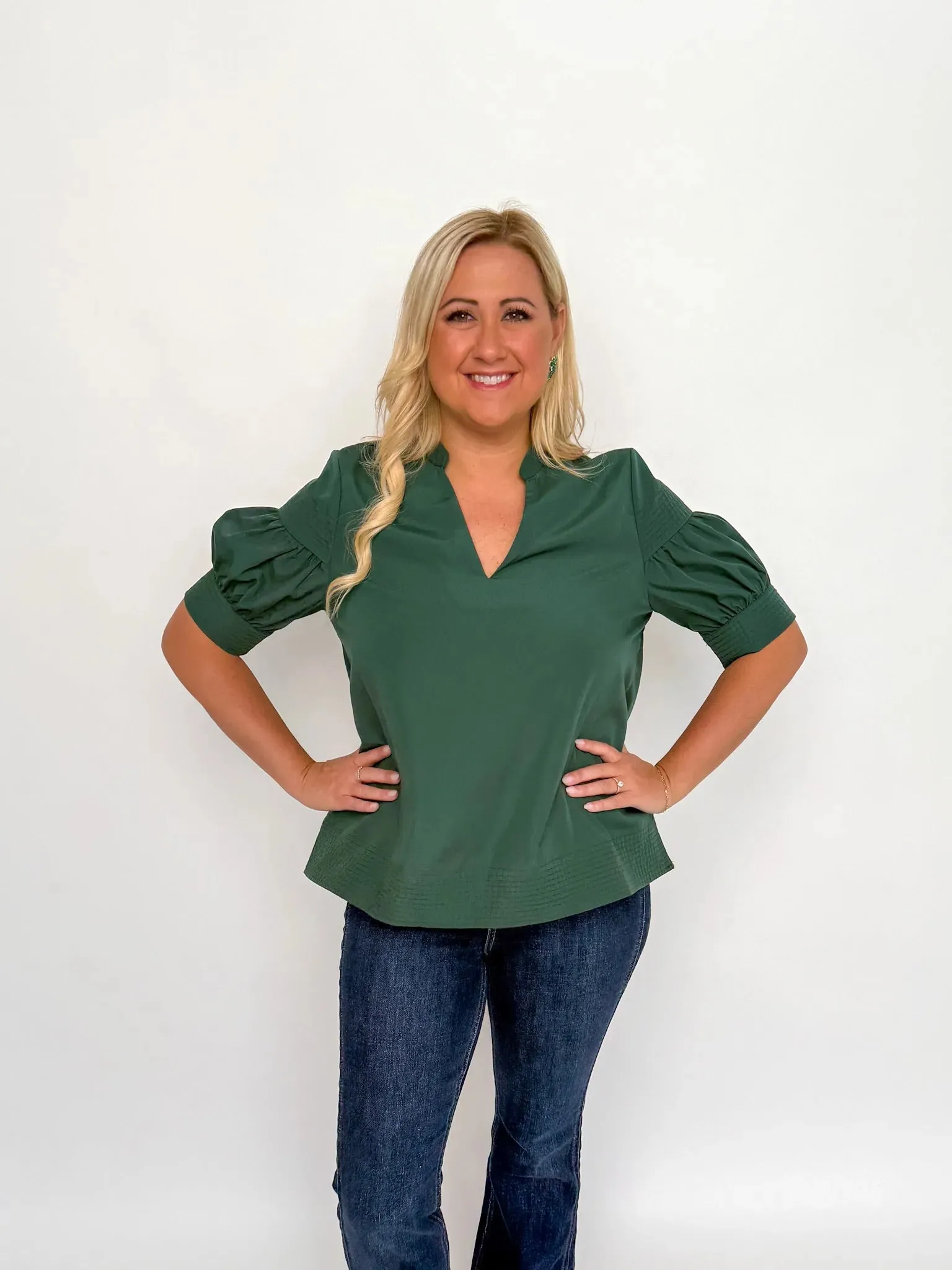 Forest Green V Neck Short Sleeve Top