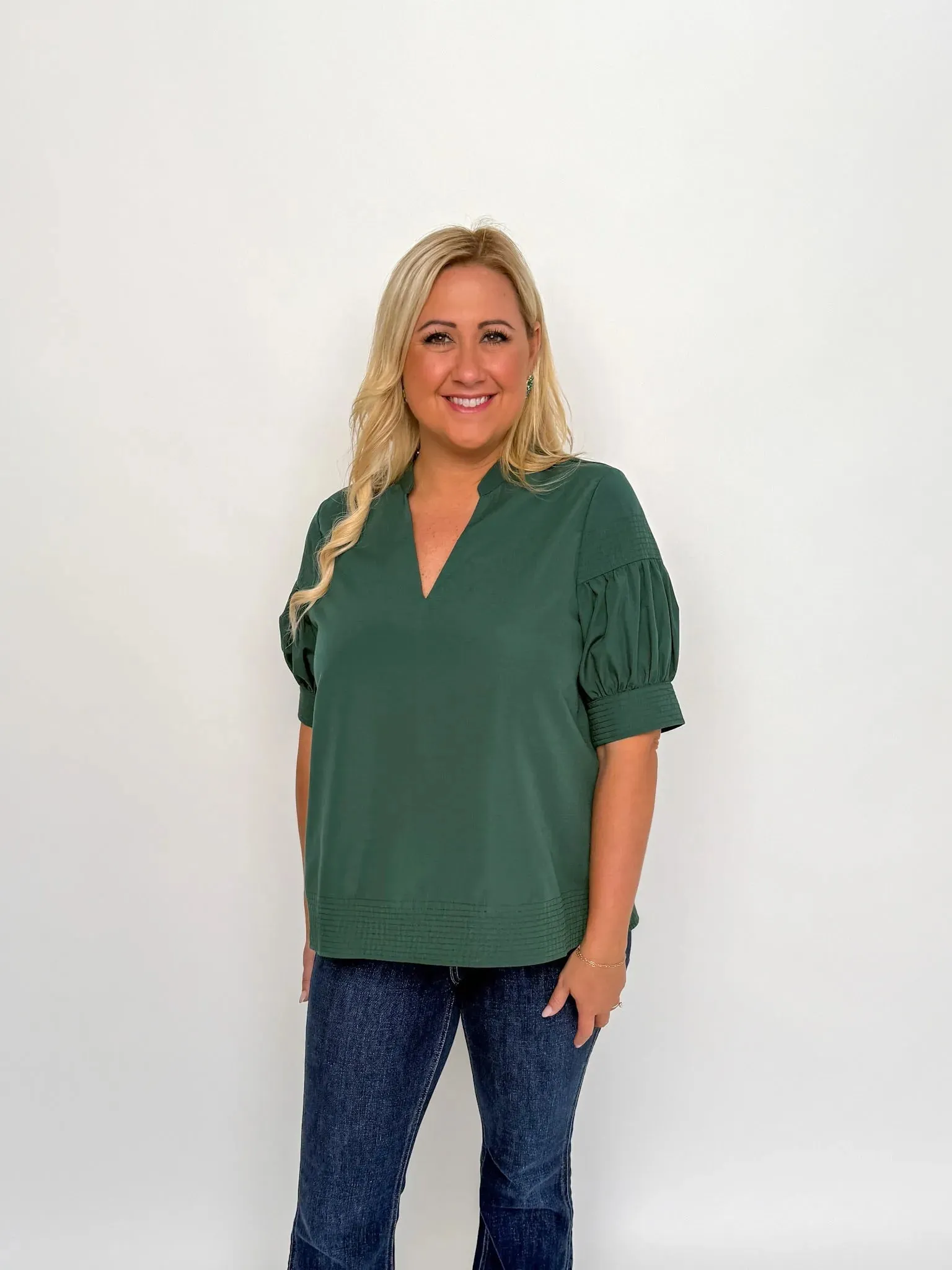 Forest Green V Neck Short Sleeve Top
