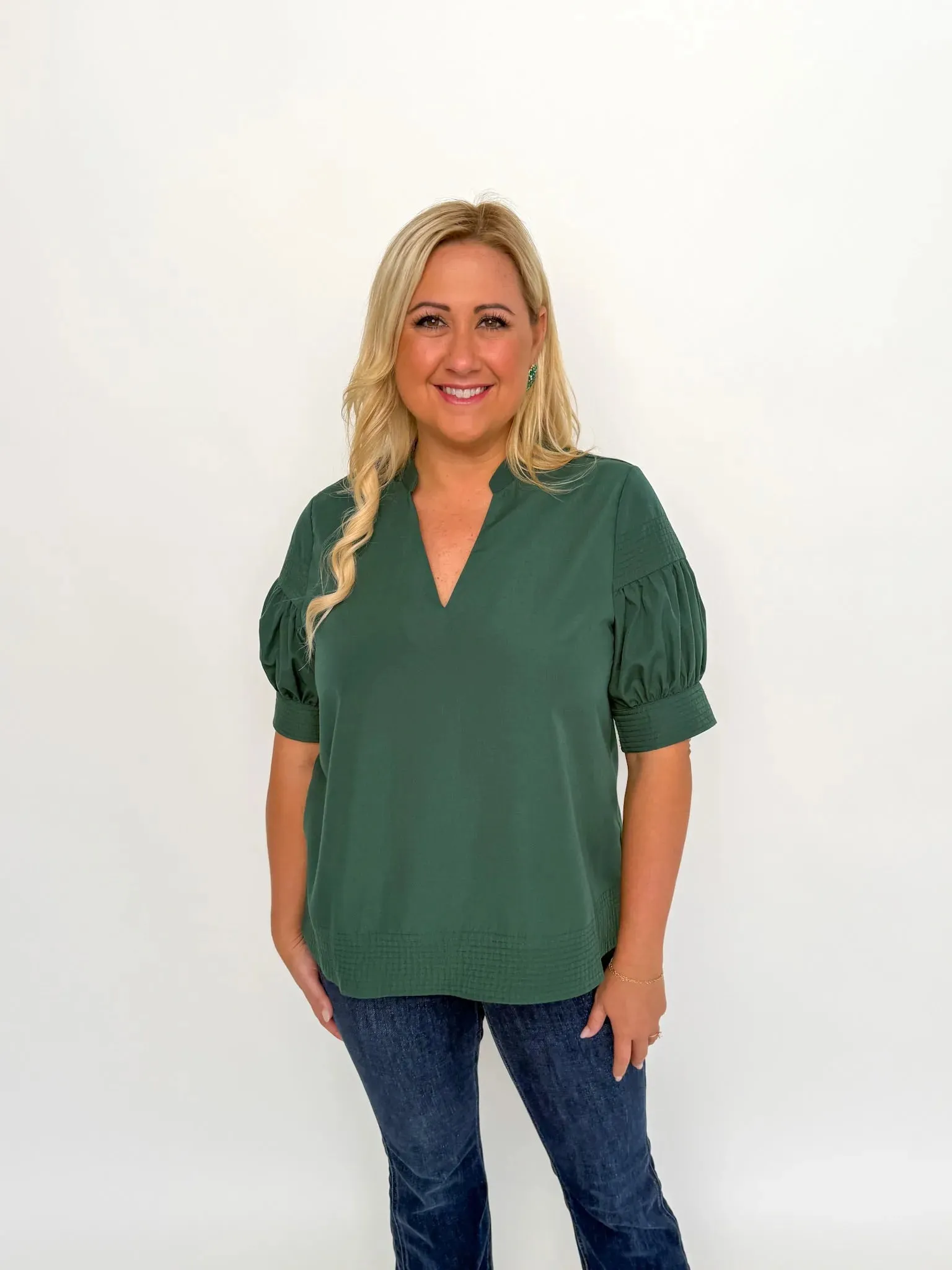 Forest Green V Neck Short Sleeve Top