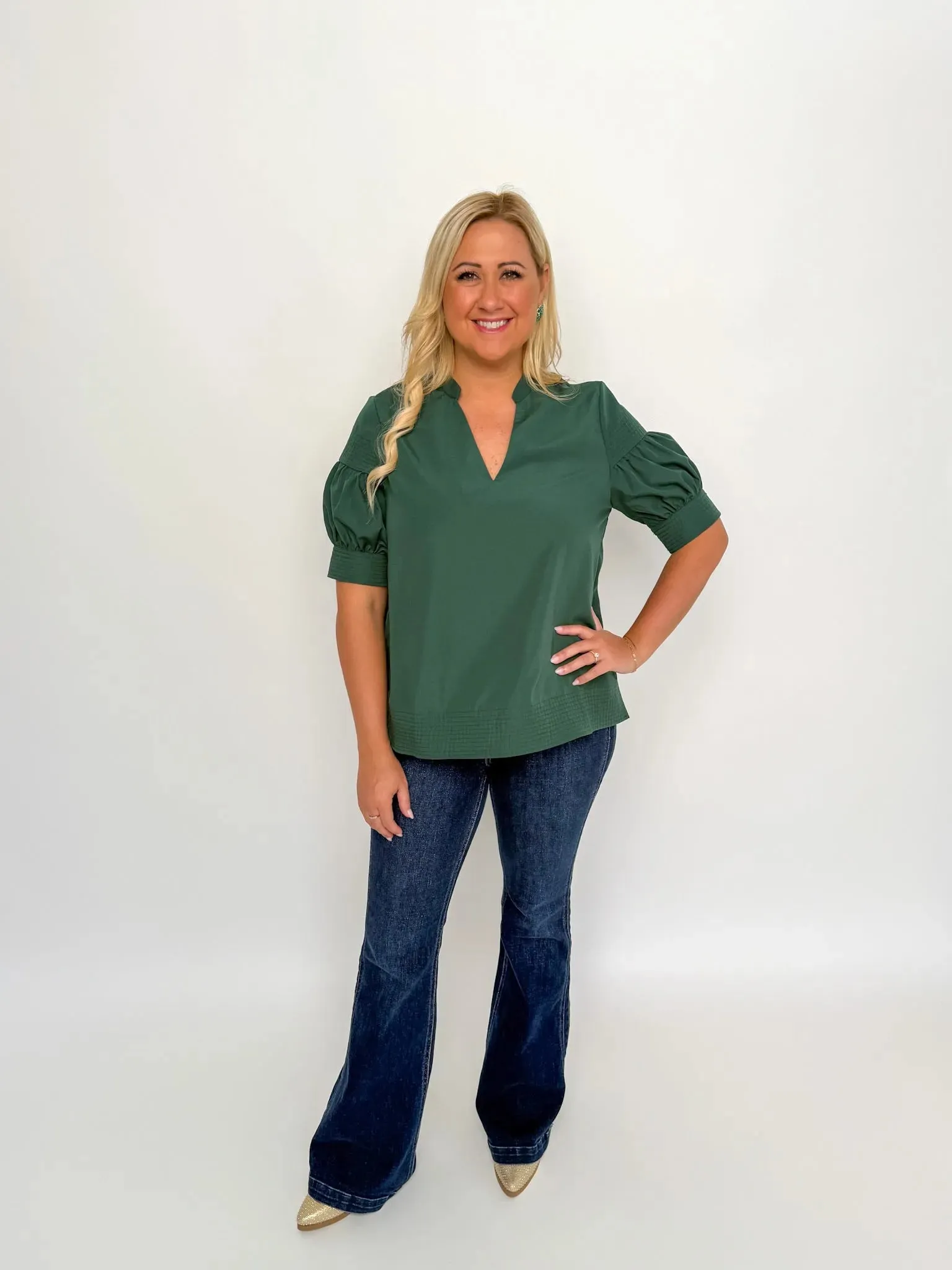 Forest Green V Neck Short Sleeve Top