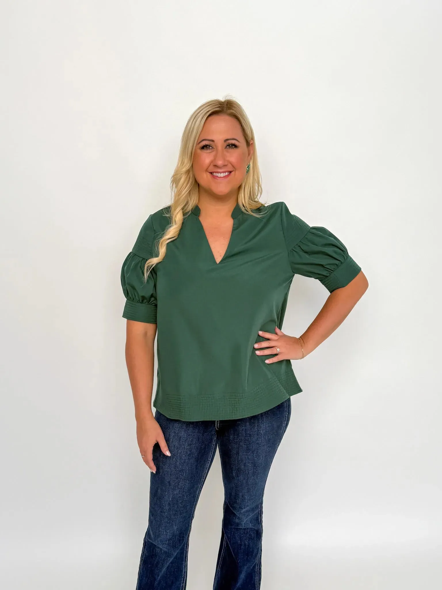 Forest Green V Neck Short Sleeve Top