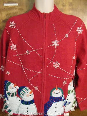 Four Carrot Nosed Snowmen on a Christmas Sweater