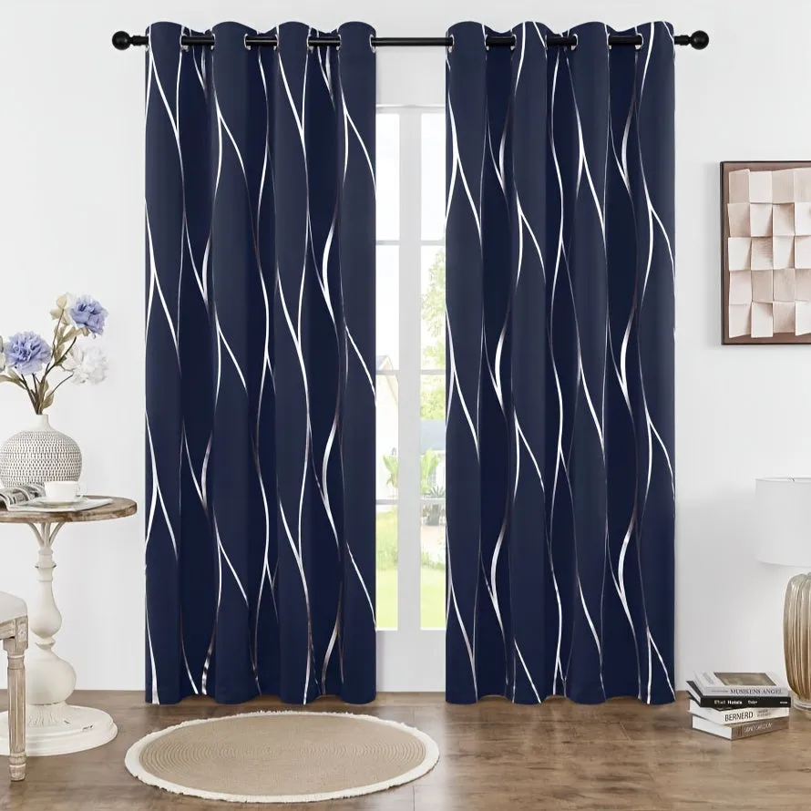 Four-piece Wavy Pattern Bronzing Blackout Curtains, Double-layer Thickened Shading Fabric, Suitable For Living Room And Bedroom Heat-insulated Sunshade Curtains Top-perforated Hanging, Heat-insulation, Silent And Thickened Warmth
