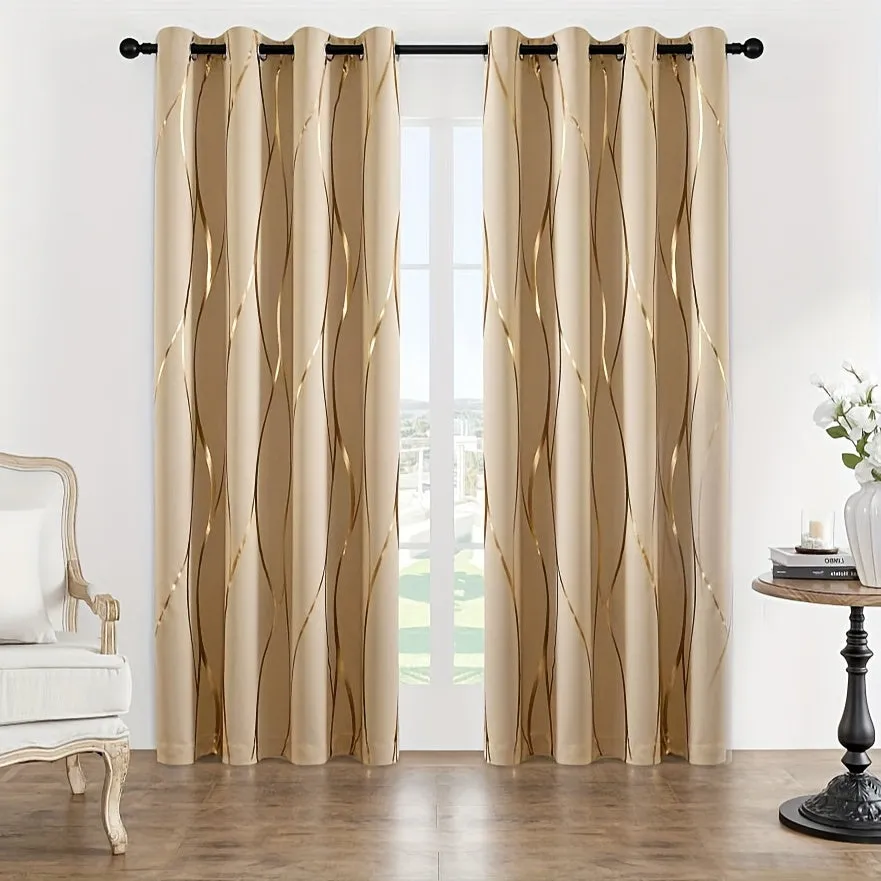 Four-piece Wavy Pattern Bronzing Blackout Curtains, Double-layer Thickened Shading Fabric, Suitable For Living Room And Bedroom Heat-insulated Sunshade Curtains Top-perforated Hanging, Heat-insulation, Silent And Thickened Warmth