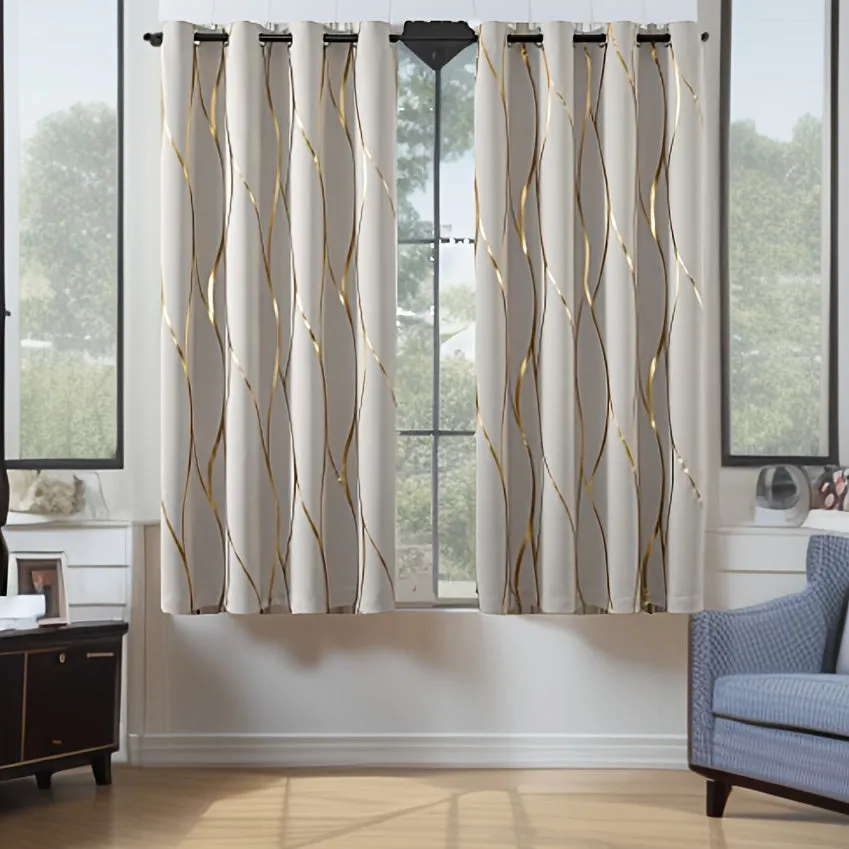 Four-piece Wavy Pattern Bronzing Blackout Curtains, Double-layer Thickened Shading Fabric, Suitable For Living Room And Bedroom Heat-insulated Sunshade Curtains Top-perforated Hanging, Heat-insulation, Silent And Thickened Warmth