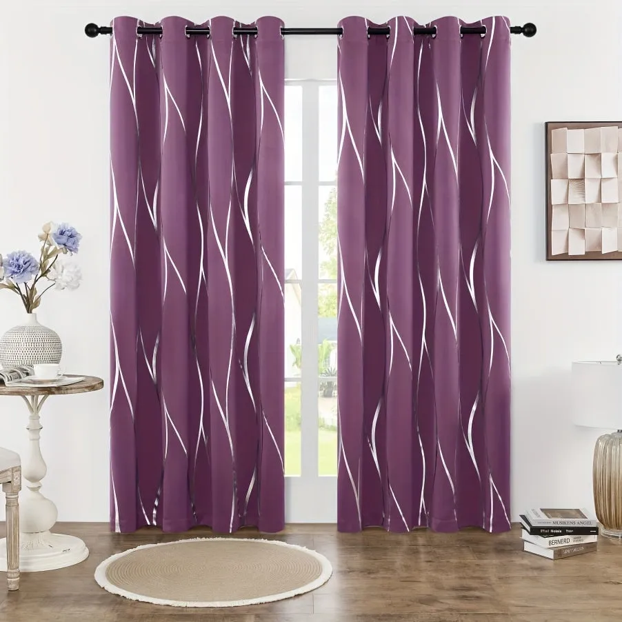 Four-piece Wavy Pattern Bronzing Blackout Curtains, Double-layer Thickened Shading Fabric, Suitable For Living Room And Bedroom Heat-insulated Sunshade Curtains Top-perforated Hanging, Heat-insulation, Silent And Thickened Warmth