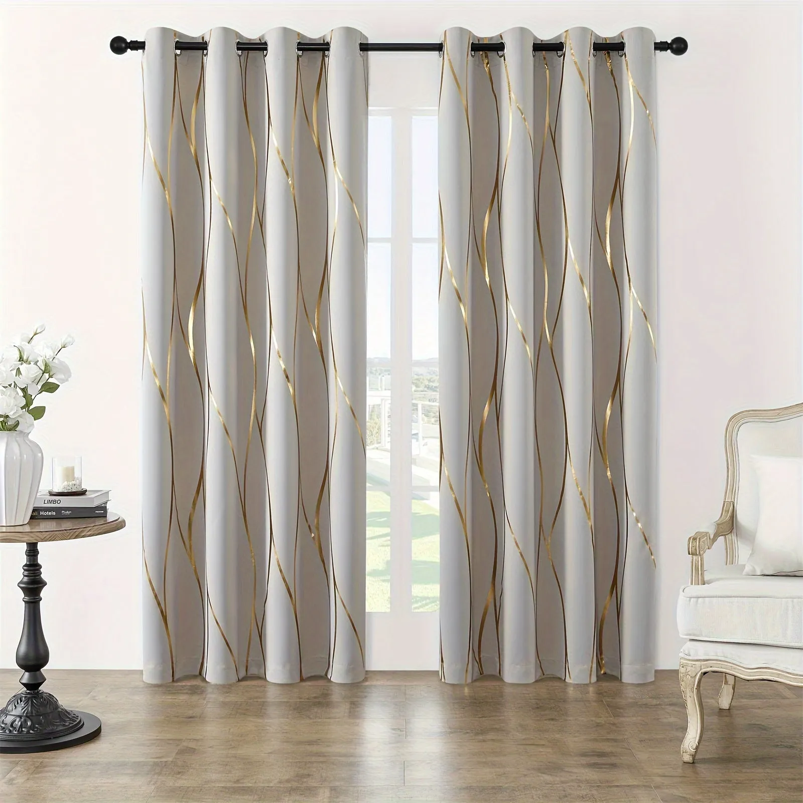 Four-piece Wavy Pattern Bronzing Blackout Curtains, Double-layer Thickened Shading Fabric, Suitable For Living Room And Bedroom Heat-insulated Sunshade Curtains Top-perforated Hanging, Heat-insulation, Silent And Thickened Warmth