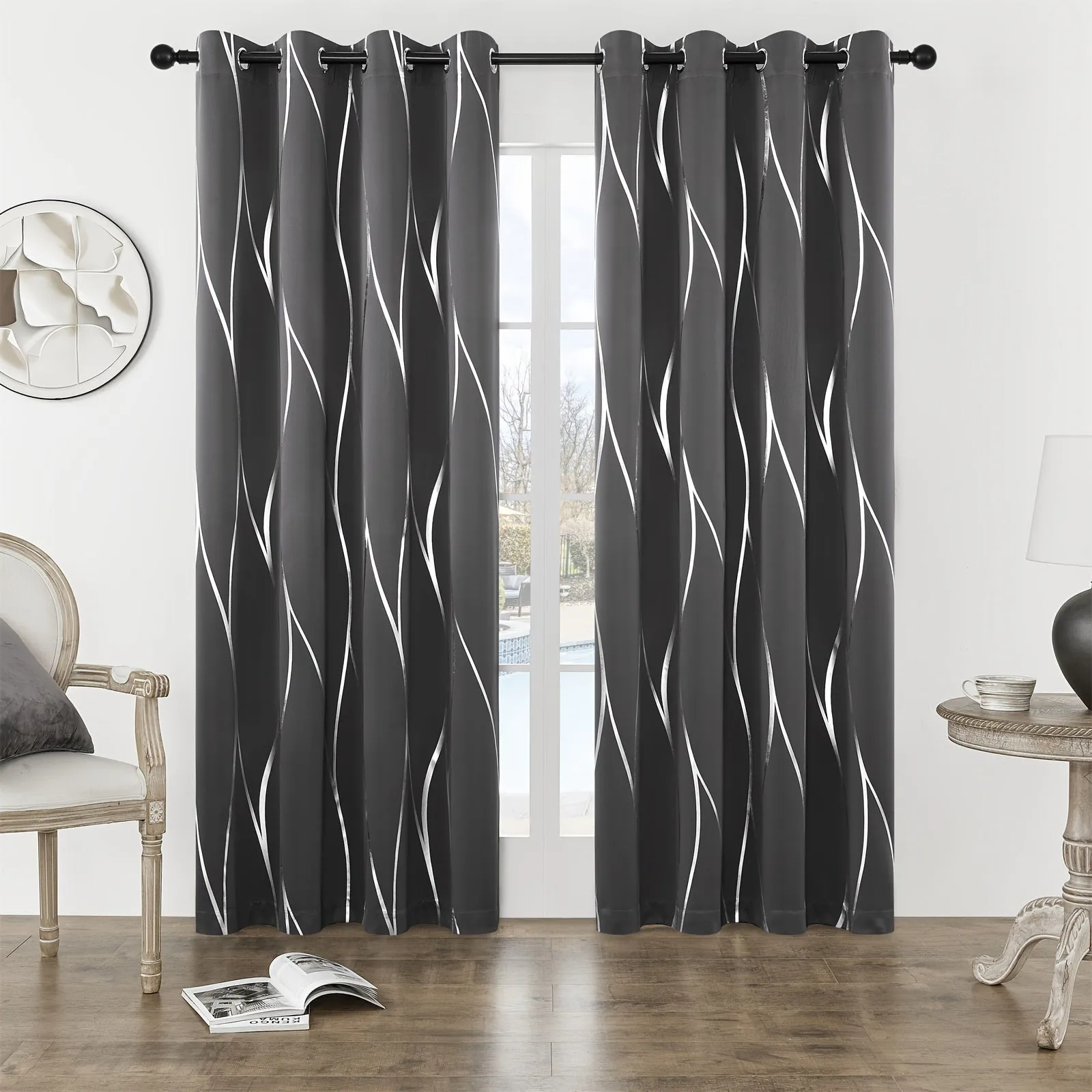 Four-piece Wavy Pattern Bronzing Blackout Curtains, Double-layer Thickened Shading Fabric, Suitable For Living Room And Bedroom Heat-insulated Sunshade Curtains Top-perforated Hanging, Heat-insulation, Silent And Thickened Warmth