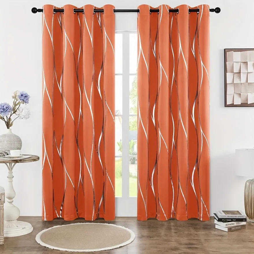 Four-piece Wavy Pattern Bronzing Blackout Curtains, Double-layer Thickened Shading Fabric, Suitable For Living Room And Bedroom Heat-insulated Sunshade Curtains Top-perforated Hanging, Heat-insulation, Silent And Thickened Warmth