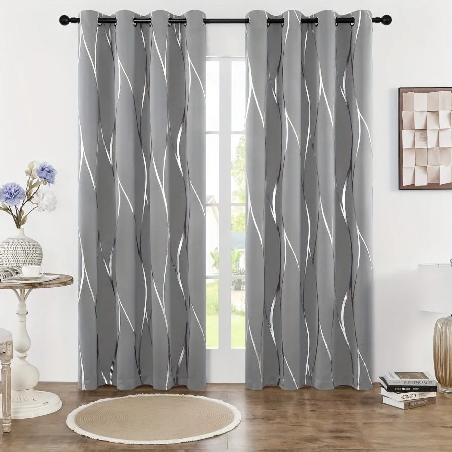 Four-piece Wavy Pattern Bronzing Blackout Curtains, Double-layer Thickened Shading Fabric, Suitable For Living Room And Bedroom Heat-insulated Sunshade Curtains Top-perforated Hanging, Heat-insulation, Silent And Thickened Warmth