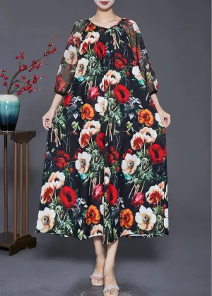 French Black Oversized Floral Print Draping Chiffon Dresses Summer LY8048