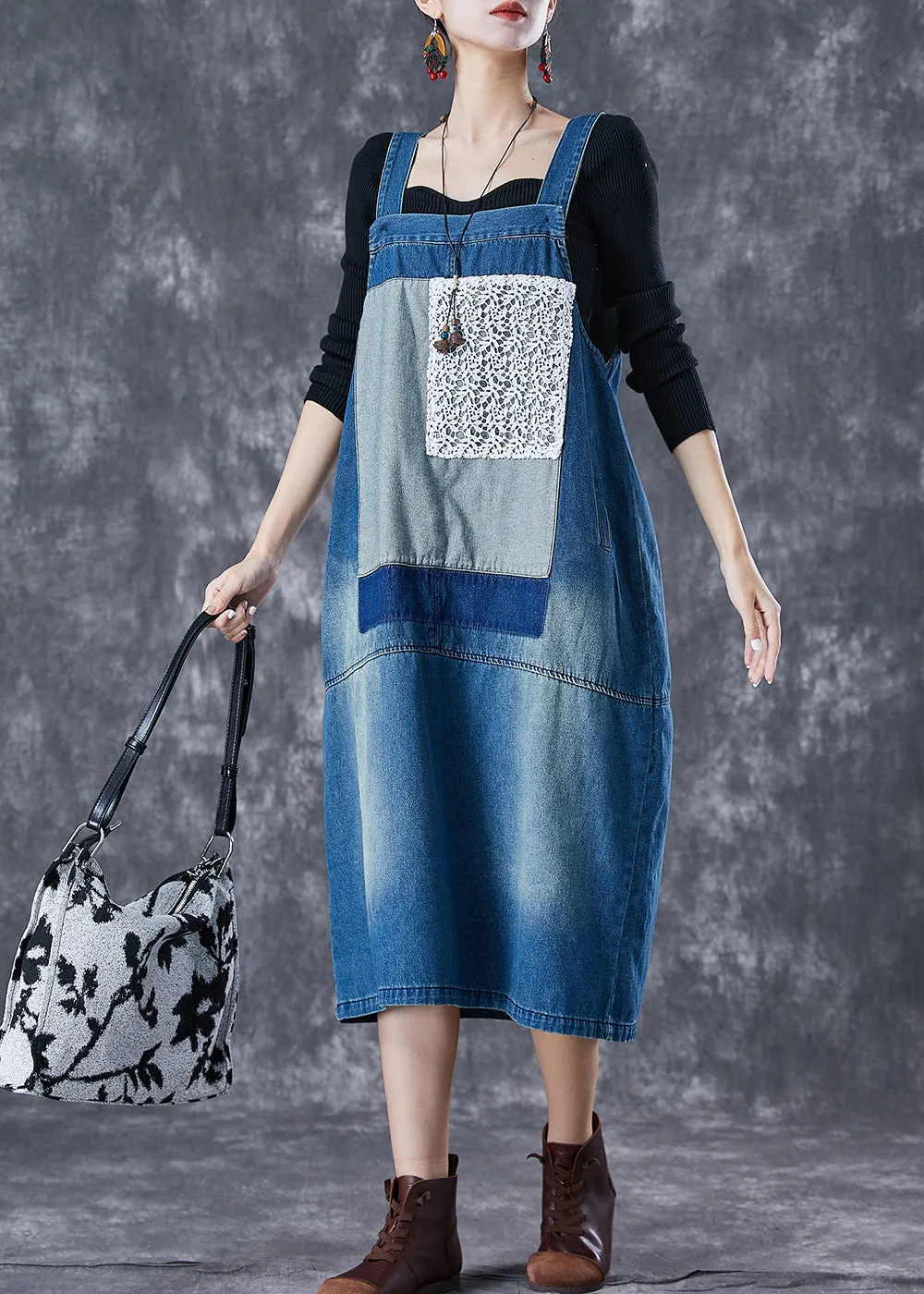 French Blue Oversized Lace Patchwork Denim Strap Dresses Summer TD1058