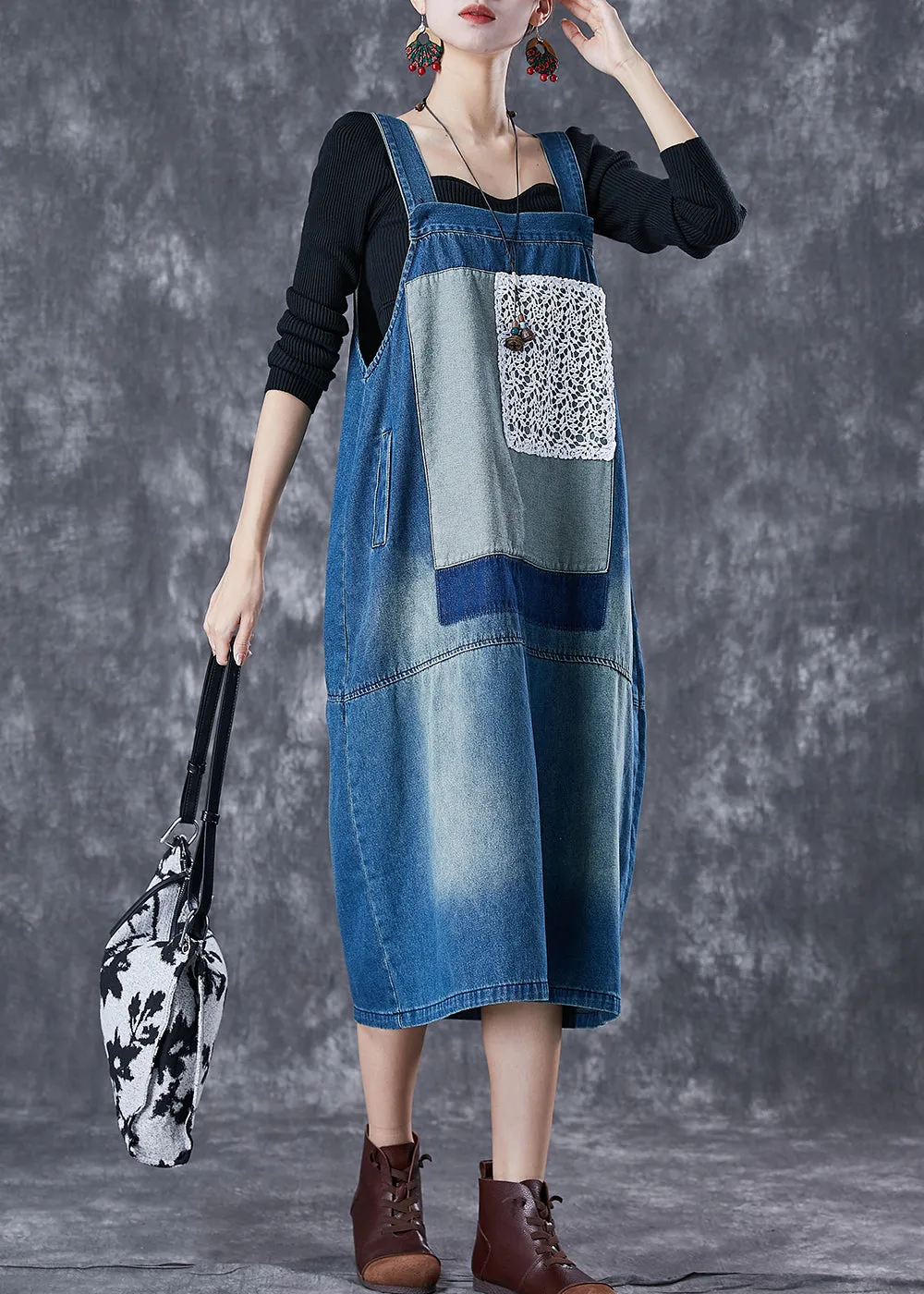 French Blue Oversized Lace Patchwork Denim Strap Dresses Summer TD1058
