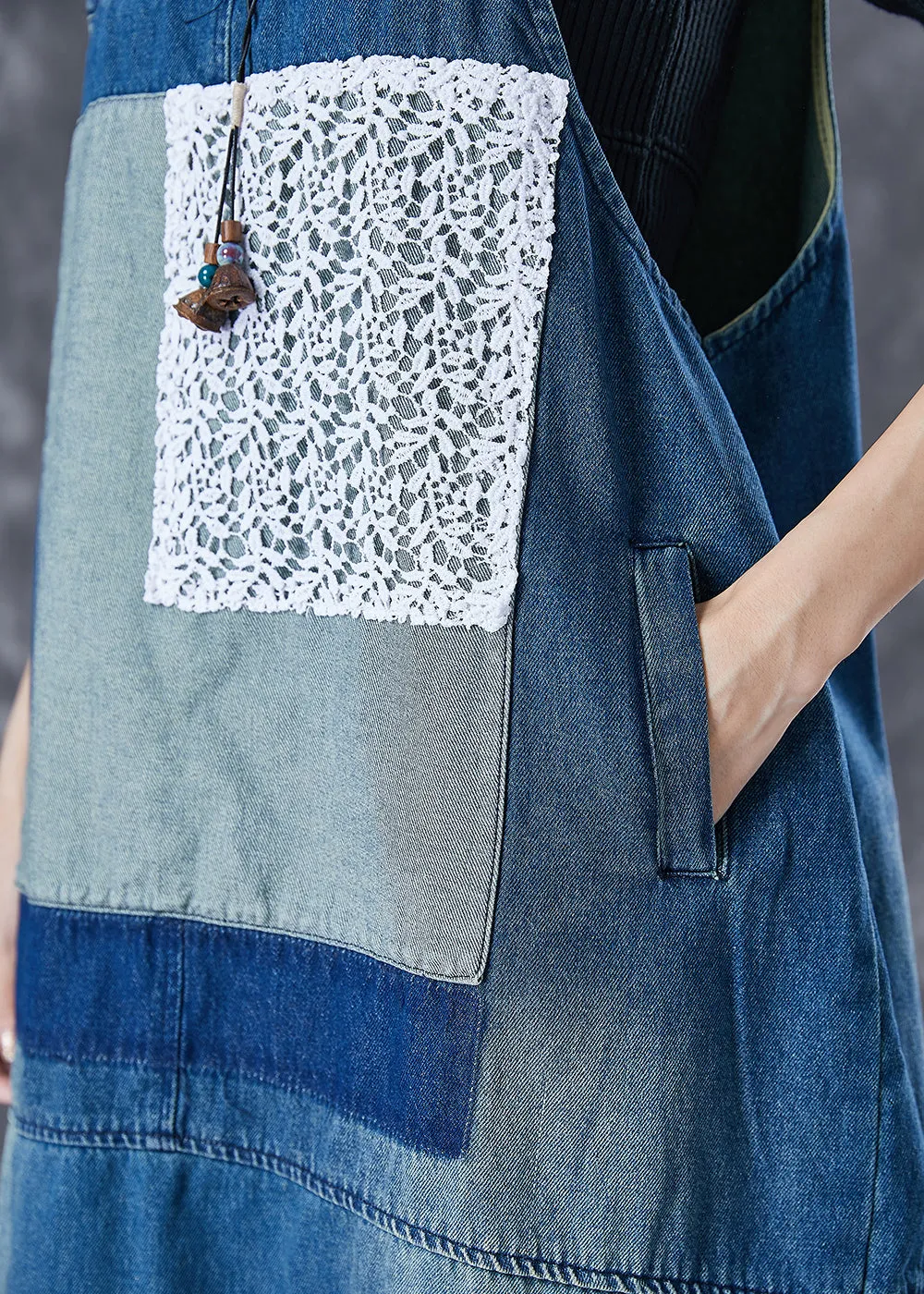 French Blue Oversized Lace Patchwork Denim Strap Dresses Summer TD1058