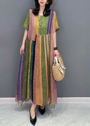 French Colorblock O Neck Wrinkled Patchwork Silk Dress Summer LY7282