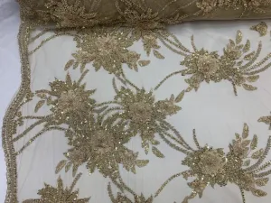 French Gold Modern 3D Flowers Beaded Mesh Lace Fabric By the Yard