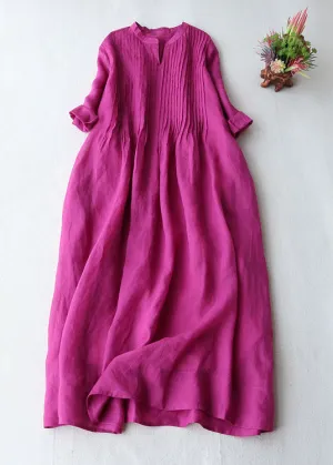 French Rose V Neck Wrinkled Pockets Patchwork Linen Dresses Summer LY7183
