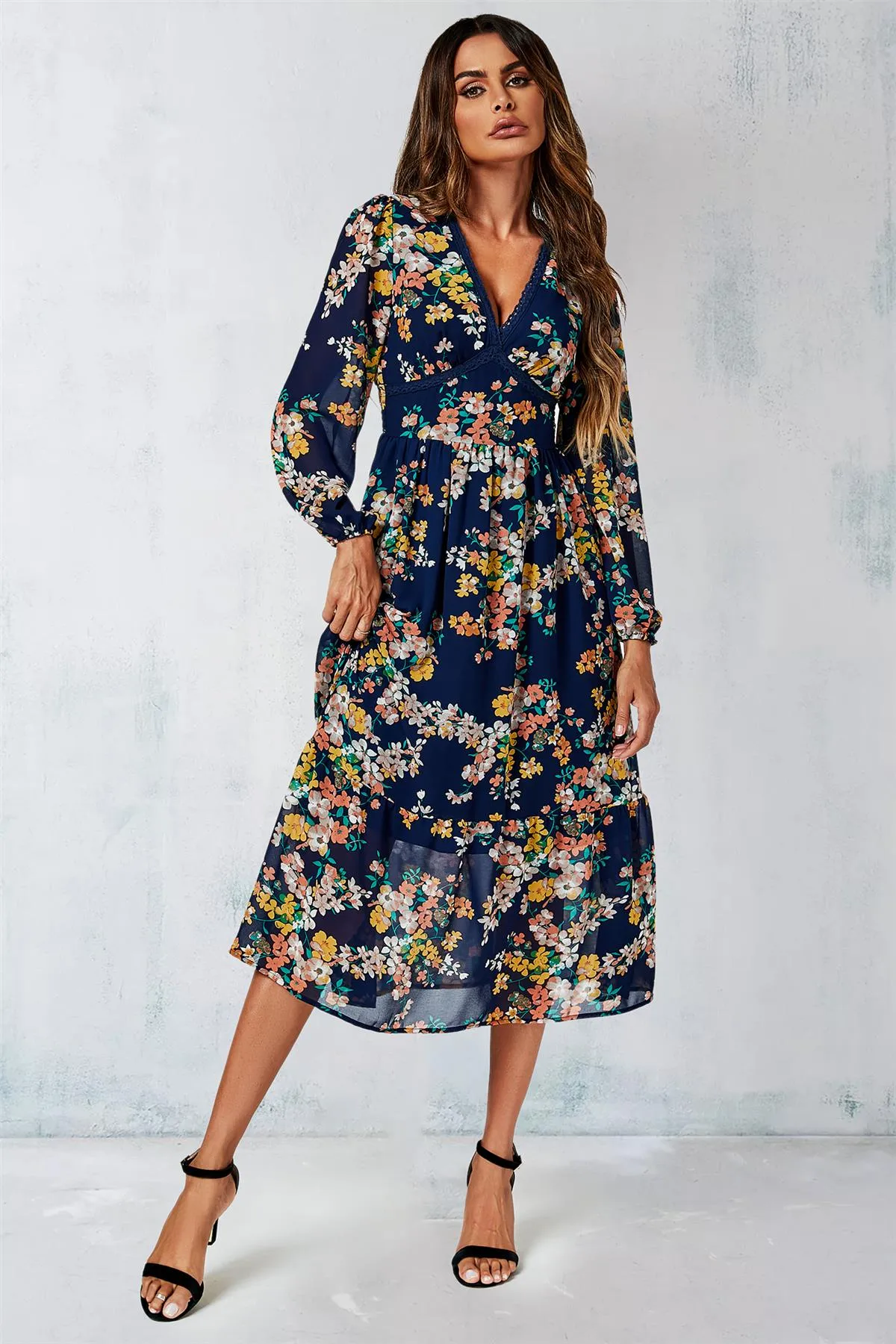 FS Collection Floral Print Long Sleeve Maxi Dress In Navy