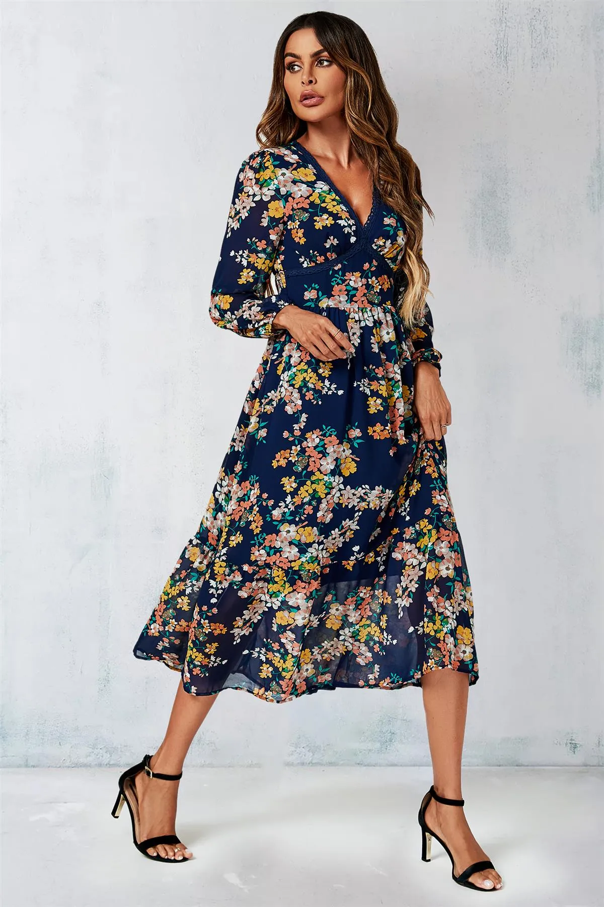 FS Collection Floral Print Long Sleeve Maxi Dress In Navy