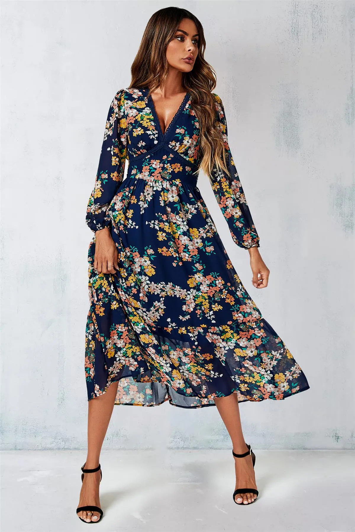 FS Collection Floral Print Long Sleeve Maxi Dress In Navy